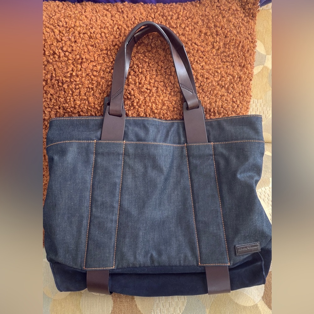 Men’s Salvatore Ferragamo tote in denim and suede.